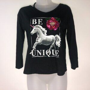 Justice Girls Black w/White Horse Sequin Rose Shirt Size 12